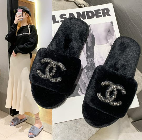 Chanal fur slippers for women